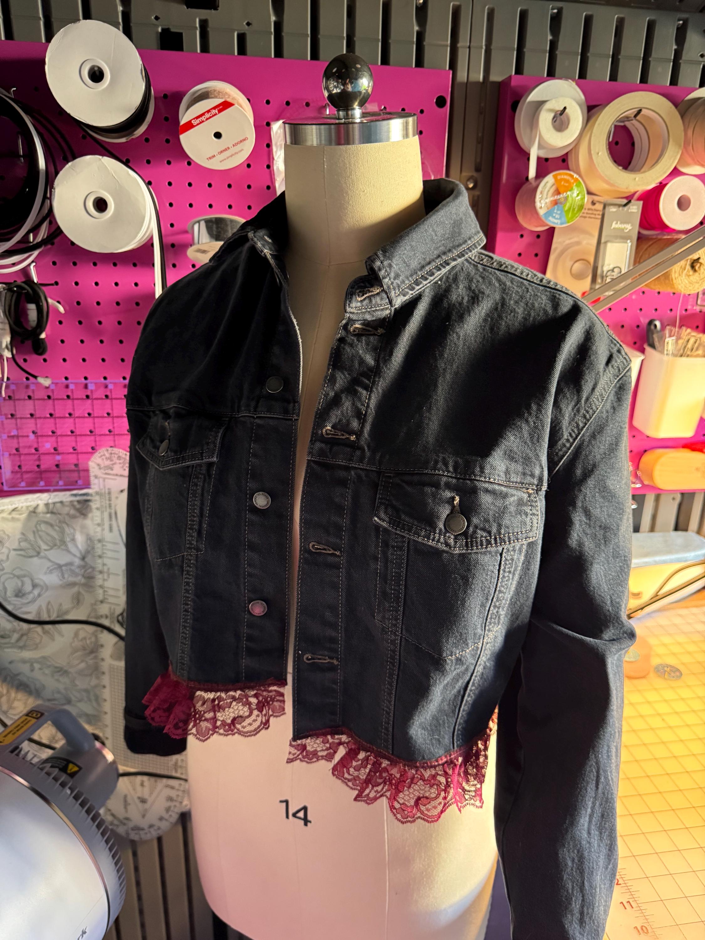 Upcycled Floral Embroidered Denim Jacket - Dark Wash Denim - Size 14 ...