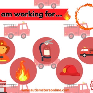 May include: A red fire engine with a ladder and a hose. The engine has a yellow star on the side. The text "I am working for..." is written in red on a white banner with a flame on the right side. There are several other fire engine images in the background. There are also images of a firefighter, a fire extinguisher, a fire helmet, a fire station, and a fire hydrant.