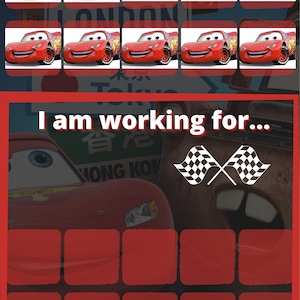 May include: A red race car with a checkered flag design. The text "I am working for..." is displayed above the car. The car is in front of a background of a city skyline and a checkered flag.