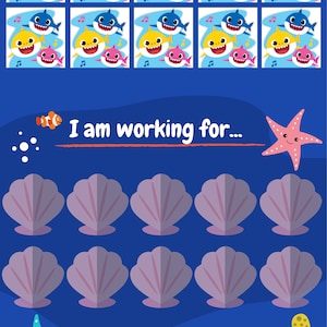 May include: A printable activity sheet featuring Baby Shark characters. The sheet includes a counting activity with 12 images of Baby Shark and a matching activity with 10 seashells. The text "I am working for..." is at the top of the sheet.