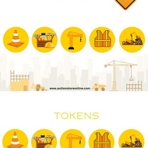 May include: A set of five yellow construction themed tokens with images of a traffic cone, a toolbox with tools, a crane, a safety vest, and an excavator. The text "TOKENS" is printed in black below the tokens.