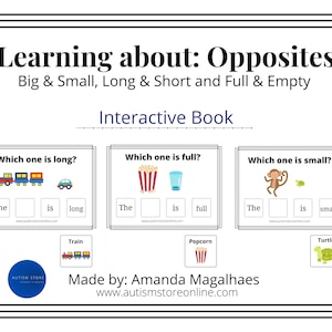 May include: A colorful interactive book for children to learn about opposites. The book features three pages with images of a train, popcorn, and a turtle. Each page has a question asking which object is long, full, or small. The book is titled "Learning about: Opposites" and "Interactive Book".