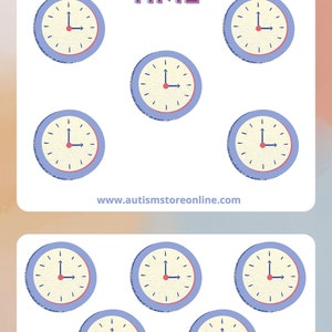 Op de afbeelding: Een werkblad met het woord "TIME" bovenaan en negen afbeeldingen van klokken met verschillende tijden. De klokken zijn blauw met witte wijzerplaten en zwarte wijzers. Het websiteadres "www.autismstoreonline.com" staat onderaan de pagina.