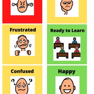 May include: A chart with six squares, each with a different color and a cartoon face representing a different emotion. The emotions are: Mad, Bored, Frustrated, Ready to Learn, Confused, and Happy.