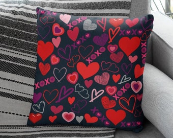Hearts and XOXO Pillow, Black Pillow, Heart Pillow, Double sided Print, Concealed Zipper