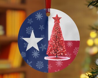 Texas Ornament with a Red Christmas Tree and Snowflakes