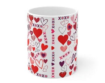 Hearts and XOXO Coffee Mug, Valentine's Day Gift, 11 oz White Ceramic
