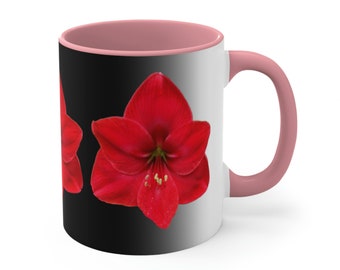 Amaryllis Floral Mug with 3 Red Amaryllis Flowers with Black Fade Design, Pink Interior and Handle, 11 ounce Mug, Floral Coffee Mug,
