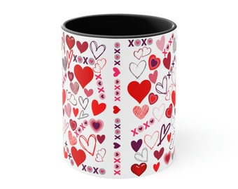 Hearts and XOXO Coffee Mug, Hearts Coffee Mug, Black Interior and Black Handle, 11 ounce Mug, Hugs and Kisses Coffee Mug