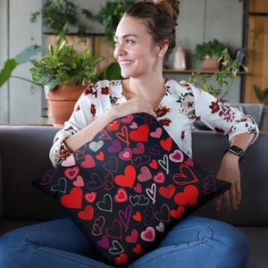 Hearts Pillow, Black Pillow, Heart Pillow, Double sided Print, Concealed Zipper