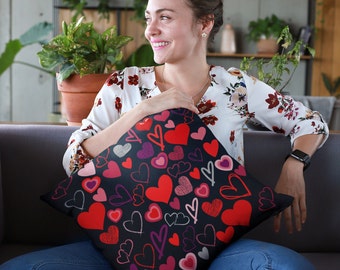 Black Hearts Pillow, Double Sided Print, Valentine's Day Gift