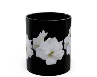 White Amaryllis Mug, Floral Coffee Mug, Black Mug, 11 ounce Mug, White Amaryllis Coffee Mug
