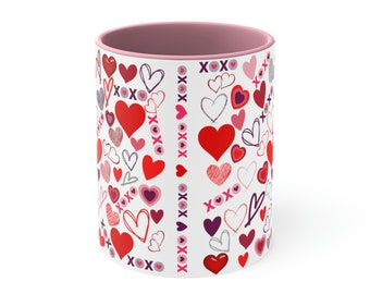 Hearts and XOXO Coffee Mug, Hearts Coffee Mug, Pink Interior and Pink Handle, 11 ounce Mug, Hugs and Kisses Coffee Mug