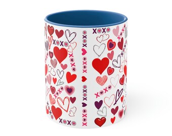 Hearts and XOXO Coffee Mug, Hearts Coffee Mug, Blue Interior and Blue Handle, 11 ounce Mug, Hugs and Kisses Coffee Mug