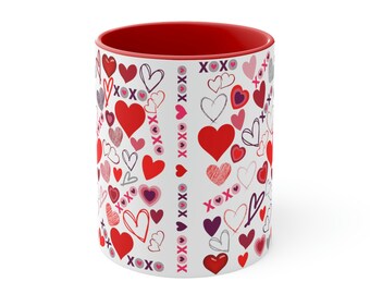 Hearts and XOXO Coffee Mug, Hearts Coffee Mug, Red Interior and Red Handle, 11 ounce Mug, Hugs and Kisses Coffee Mug