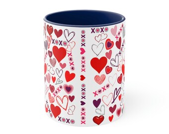 Hearts and XOXO Coffee Mug, Hearts Coffee Mug, Navy Interior and Navy Handle, 11 ounce Mug, Hugs and Kisses Coffee Mug