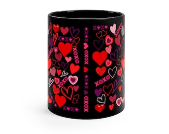 Hearts and XOXO Black Coffee Mug, Valentine's Gift (11 ounce)