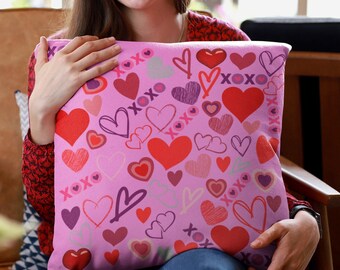 Hearts and XOXO Pillow, Pink Pillow, Heart Pillow, Double sided Print, Concealed Zipper
