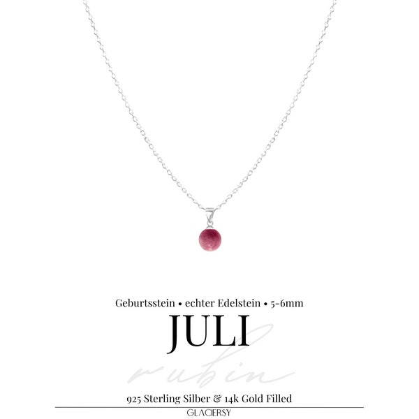 Geburtsstein Juli • echter Rubin runde Perle • Halskette • 925 Sterling Silber • 14k GoldFilled • 5mm Anhänger • Perfektes Geschenk •