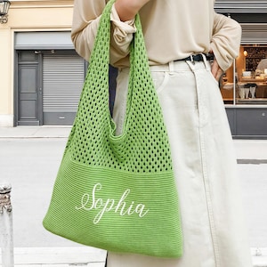 Sac de plage au crochet personnalisé – Sac fourre-tout personnalisé avec prénom brodé | Sac d'été en maille bohème fait main | Sac fourre-tout pour marché fermier et vacances