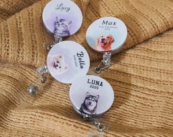 Personalized Pet Watercolor Badge Reel — Custom Acrylic Pet ID Holder