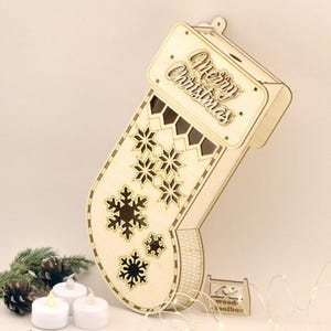 Calza di Natale - File laser, Scatola di caramelle natalizie in legno - File di taglio laser, vettori da scaricare, svg, ai, pdf, dxf, dxf 3 mm