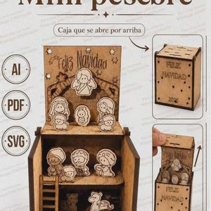 Puede incluir: Una caja de pesebre de madera con las inscripciones Mini pesebre, Feliz Navidad y 2025. La caja presenta figuras cortadas con láser de personajes y animales, incluyendo un ángel, una escalera y un pesebre. Incluye iconos de AI, PDF y SVG.