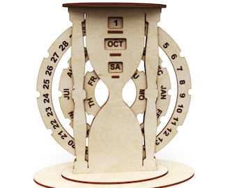 May include: A wooden perpetual calendar in the shape of an hourglass with rotating dials for days, months, and days of the week. The calendar is set to October 1st, Saturday.