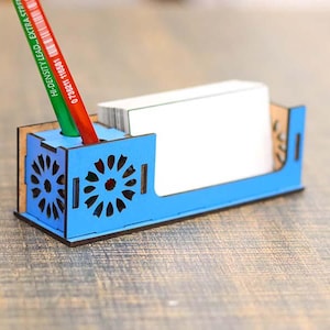Lasergesneden pen- en potloodstandaard met houder voor visitekaartjes, digitaal ontwerp voor directe download, glowforge cnc, digitale downloads, dxf, pdf