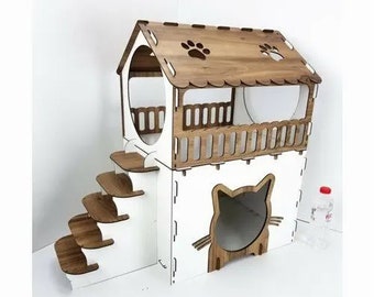 cat house for laser cutting, cnc cote pet house, cnc cutting template, 2 level laser cutting file, cnc, dxf, cdr, ai, pdf files, glowforge