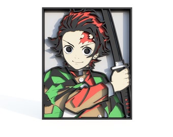 May include: A framed illustration of a red-haired anime character with a scar on his forehead, wearing a green and red patterned jacket and holding a sword.