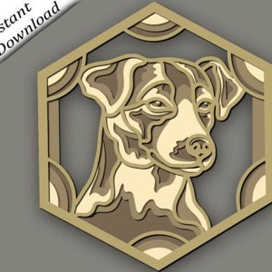 Könnte beinhalten: Mehrschichtiges Hundeporträt in einem sechseckigen Rahmen. Das Design zeigt einen hellbraunen Hund mit dunkleren braunen Schattierungen vor einem neutralen Hintergrund. Die Worte "Sofort-Download" sind sichtbar.