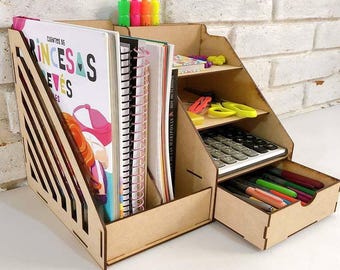 Organizador de escritorio de madera con soporte para artículos de papelería cortados con láser, proyecto Glowforge, estante para guardar bolígrafos, muebles de escritorio para láser, estante para marcadores láser CNC, 6 mm