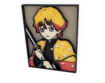 May include: A framed illustration of a cartoon character with yellow hair, red eyes, and a black and yellow patterned shirt holding a sword. The character is set against a brown background.