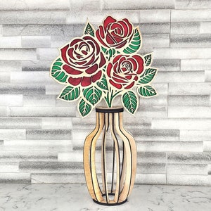 Jarrón de madera con rosas - Diseño digital exclusivo para corte láser CNC, archivos DXF vectoriales, archivos cnc, archivos glowforge, flores para corte láser
