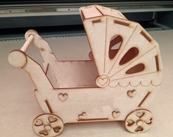 Baby carriage for laser cutting, baby basket for gift giving, laser cut files, laser templates, laser cut vector patterns, instant download