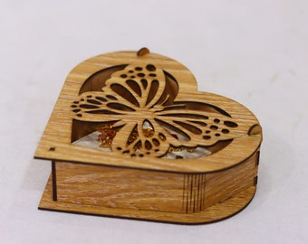 Heart Shaped Wooden Box with Butterfly (Laser Cut 3mm), Vector multilayer DXF, cnc files, glowforge files, Butterfly for laser cutting