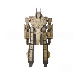 May include: A tan-colored wooden robot toy with a skull and crossbones emblem on its chest. The robot has a detailed design with visible joints, wings, and a head with two vertical antennas. The toy is standing upright against a white background.