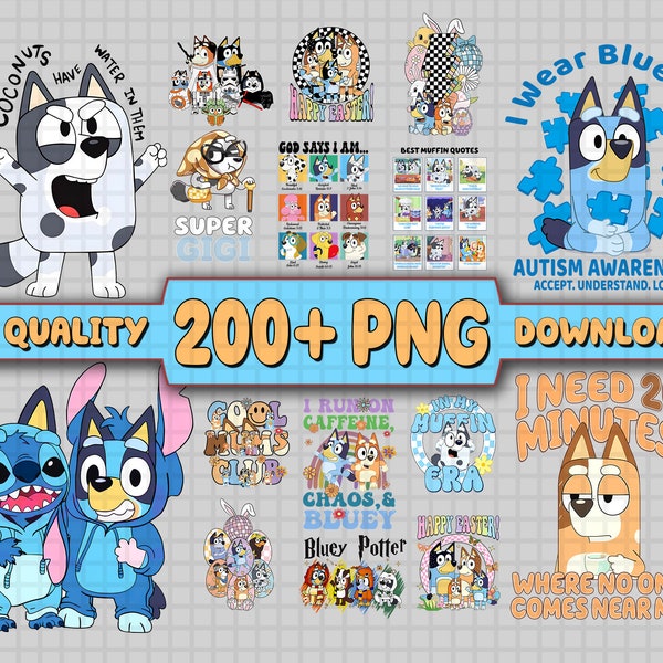 Mega 200+ Bluey Png Bundle | Blauer Hund Geburtstag PNG Bundle | Blaue Familie PNG | Blaues Png | Bluey Bingo Png | Bluey Mom Png | Blauer Mufin PNG