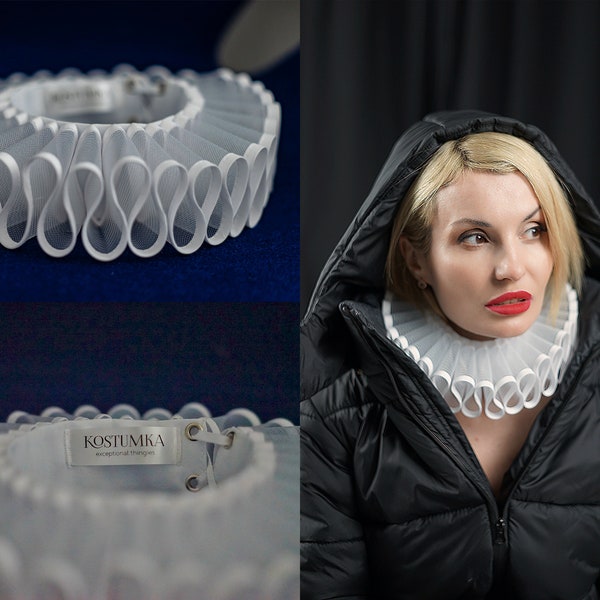 Elizabethan Neck Lace Collar - White Lace - Historical Tudor ruffled gorguera- Renaissance fraise - Barocco style - Transparent Guipure