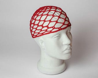 Red crochet hat – festival style – boho accessory – handmade headwear – bright red – unique fashion – mesh pattern