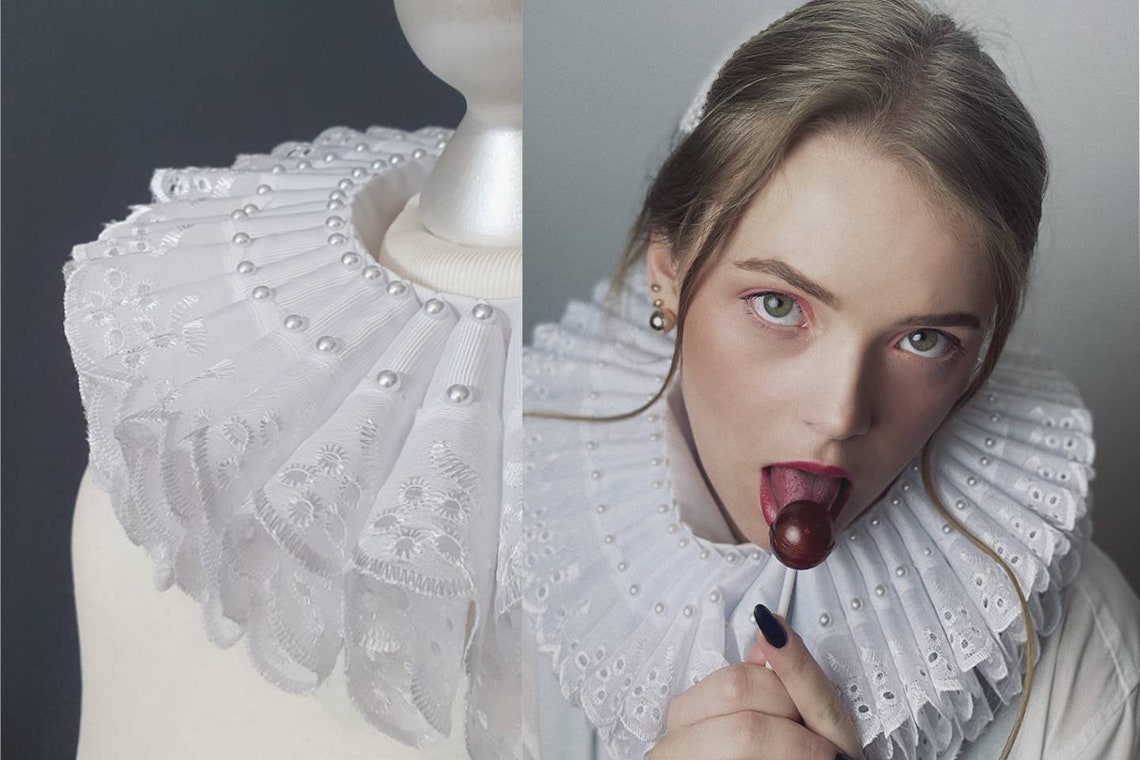 Renaissance White Lace Collar - Pearl Ruff - Historical Tudor Ruffled ...