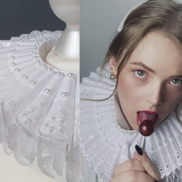 Elizabethan Neck Lace Collar - Pearl Ruff - Historical Tudor ruffled gorguera- Renaissance fraise - Barocco style