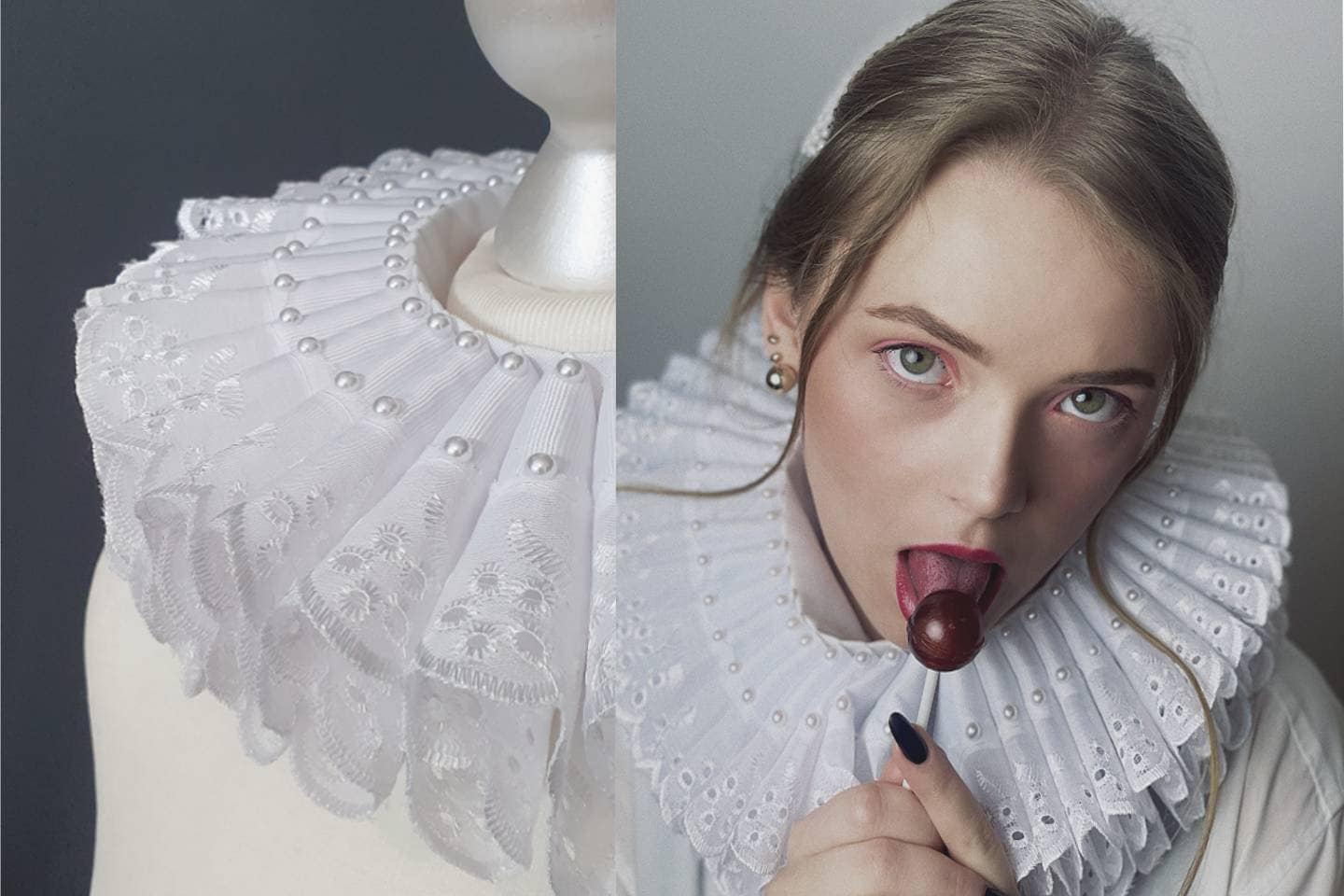 Renaissance White Lace Collar - Pearl Ruff - Historical