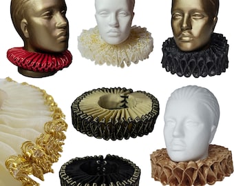 May include: An assortment of Elizabethan ruffs in various colors, including red, cream, black, and gold. The ruffs are displayed on mannequin heads, showcasing their intricate pleated and ruffled designs. These historical collars are a unique fashion accessory.