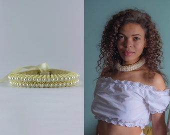 Gargantilla de marfil con perlas - collar beige - cuello isabelino de encaje - gorguera histórica Tudor con volantes - fraise renacentista