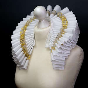 Gold Elizabethan Hals Spitzenkragen - Historische Perle gekräuselte Gorguera- Renaissance Fraise - Barocco ruff - Transparent - Weiß