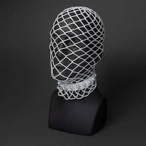 White balaclava - halloween - knitted headwear - face mesh - head accessories - creepy horror costume - burning man