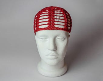 Red crochet hat – festival style – boho accessory – handmade headwear – bright red – unique fashion – burning man outfit – cozy knit gift