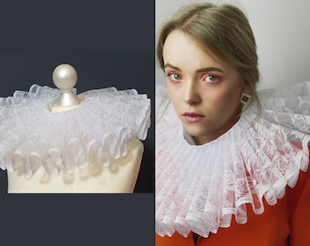 Elizabethan Neck Lace Collar - White Lace - Historical Tudor ruffled gorguera- Renaissance fraise - Barocco style - Transparent Guipure
